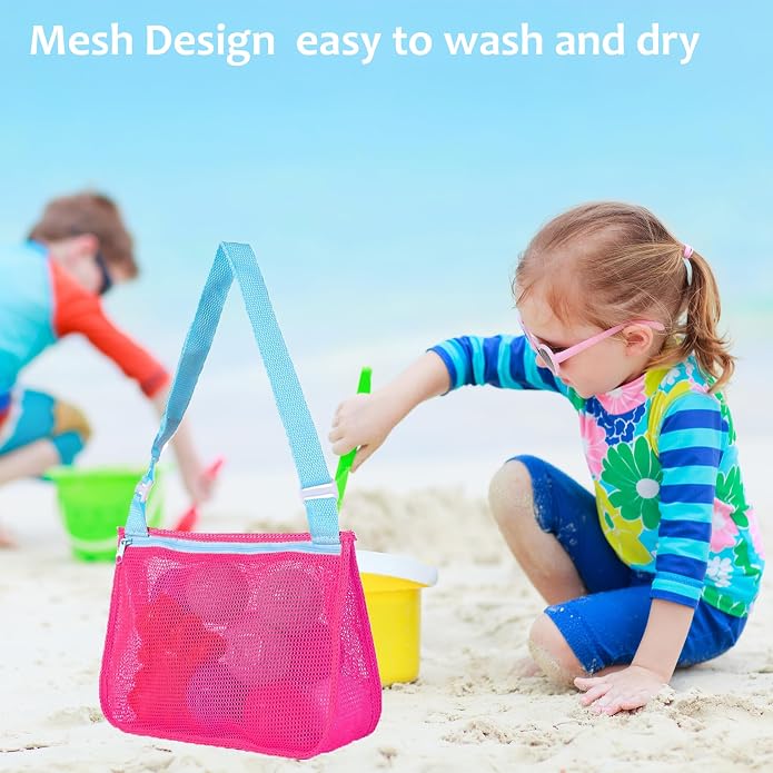 UTTPLL Colorful Mesh Beach Bag Adjustable Kids Quick Dry Net Tote for Seashell Collecting Sand Toy Swimming Accessories