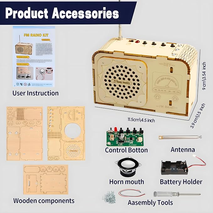 FM Radio Kit, STEM Toys for Ages 8-13, DIY Wooden 3D Puzzle to Build a Working FM Radio, Educational Science Kit for Kids 8-12+, 88-108 MHz