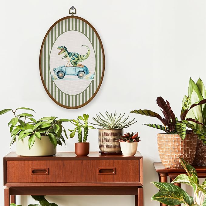 WULQYING Boy Nursery Dinosaur Car Wall Art Decor, Boys Room Oval Framed Canvas Art Prints, Green Striped Dino Dinosaur Wall Hanging Decor for Kid Toddler Boy Room Bedroom Playroom, 8.6x11.4 Inches