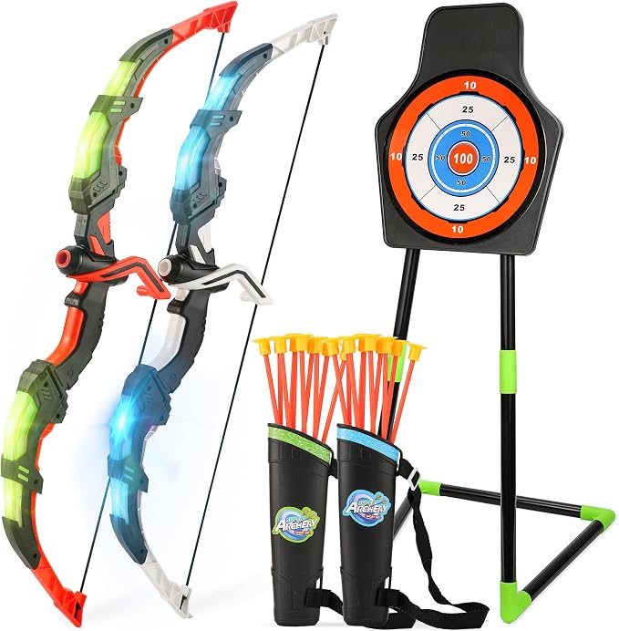 Bow and Arrow Set for Kids, 2 Pack LED Light Up Archery Set with 20 Suction Cup Arrows, Indoor and Outdoor Toy for Boys Girls Age 4-8 8-12 with Standing Target&2 Quivers, Birthday Gift 3-12 Years Old