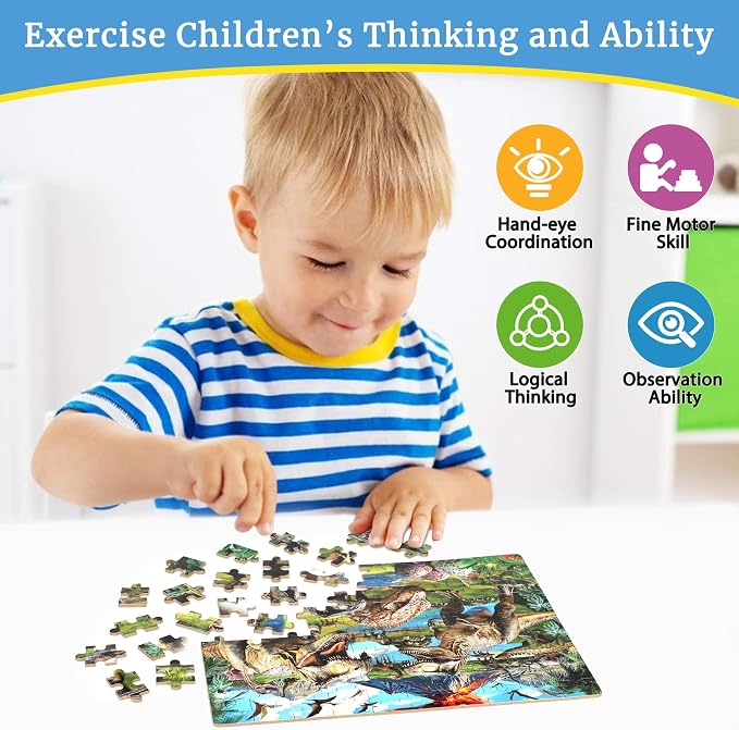 MZZOTOY Dinosaur World Puzzles for Kids Ages 4-8, 100 Pieces Jigsaw Puzzles for Kids Ages 3-5 Puzzle for Girls and Boys Learning Educational Puzzles Toys in a Metal Box