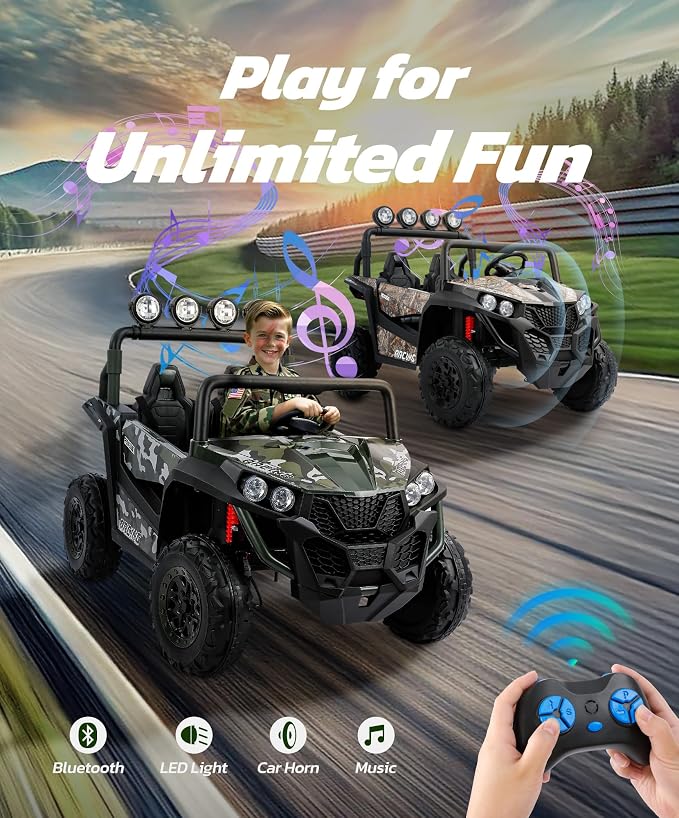 ELEMARA 2 Seater 24V Ride on Toys for Big Kids,XL Ride on Car with Remote Control,Max Capacity 130lbs Battery Powered Kids car,5 Mph Max,4-Wheeler Suspension,Bluetooth,Rainbowlight*4,Camouflage Green