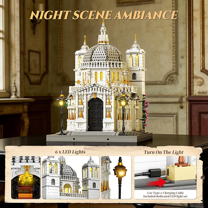 Reobrix Venice Church Building Block Sets for Adults with Lights 55014, Landmark Architecture Venice Santa Maria Della Salute Church Model, Collectible Italy Landmark Building Toy for Adullt (4270PCS)