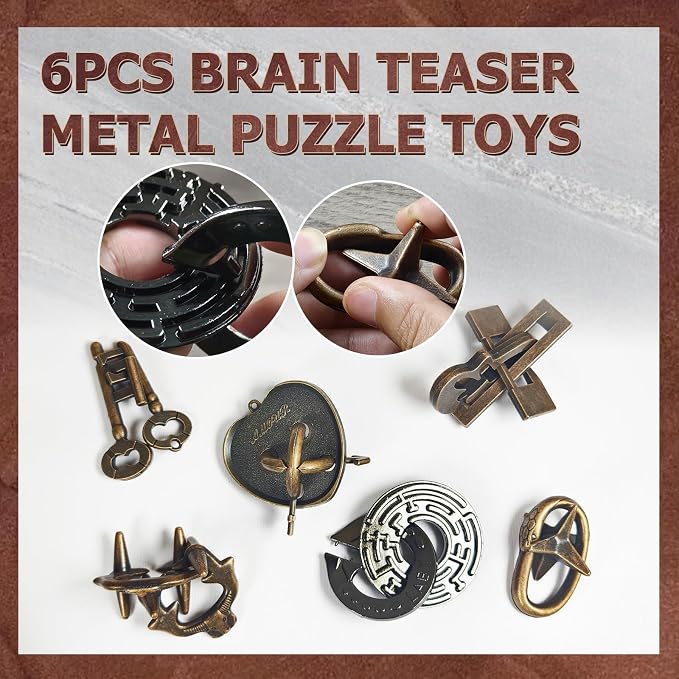 Joyeee Brain Teaser Puzzles, Metal Puzzle Set IQ Test Game, Educational Toys Physics Mind Puzzles Gift for Family Games Office Party Prizes Kids Teens Adults Challenge - Starter Level, 6Pcs Type B