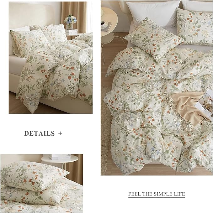 Vintage Floral Comforter Set Full Garden Style Flower Leaves Botanical Bedding Comforter with 2 Pillowcases Fluffy Soft Girls Cottagecore Bedding Set Aesthetic Flower Comforter Set for All Season