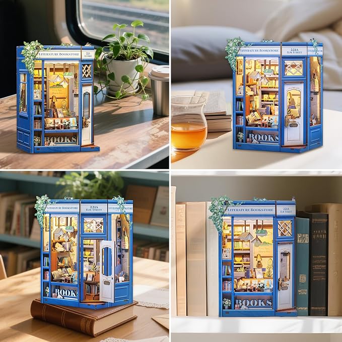Fsolis Book Nook Kit - 3D Wooden Puzzles for Adults | DIY Miniature House Kit Tiny House Mini Booknook Bookshop Gifts for Women Teenagers (Literature Bookstore)