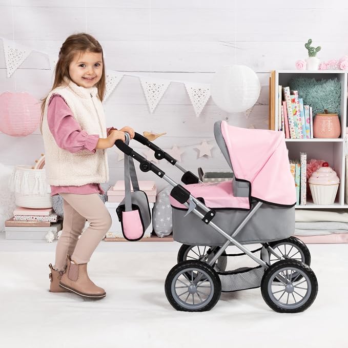 Bayer Design Baby Doll Stroller & Doll Pram for Kids Ages 2-8, Adjustable Handle, Grey/Pink