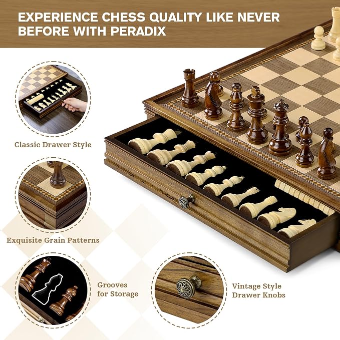 Peradix Magnetic Chess and Checkers Set with 2 Built-in Storage Drawers,15" Classic 2 in 1 Wooden Board Games, Magnetic Chess Pieces, 2 Extra Queens, Luxury Chess Set for Adults and Kids Gift Package