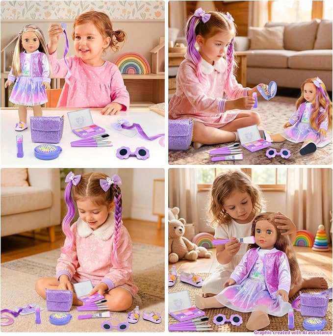 American 18 Inch Doll Clothes & Makeup Accessories Gift Set Includes Dress, Makeup Brush, Shoes, Bag, Haircomb, Eyeshadow, Lipstick, Wig, Hairpin, Sunglasses (Doll Not Included)