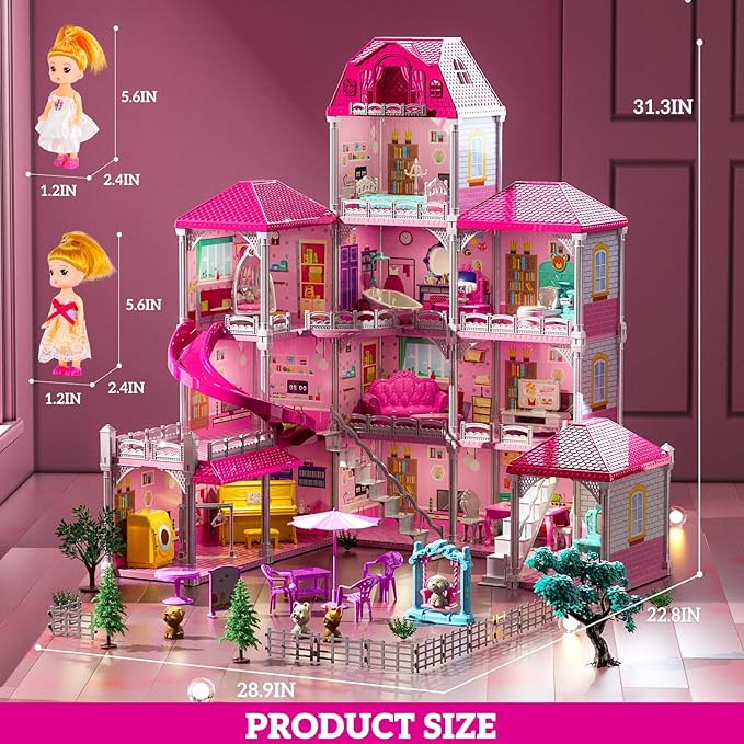 JUKUDAHU Villa Playset for Girls Ages 3-7, 4-Story 12 Room House with 2 Dolls, Furniture and Accessories, Indoor Playset Girls Toys for Ages 6-8, Pretend Toddler Toy, Birthday Gifts for Kids 4-8