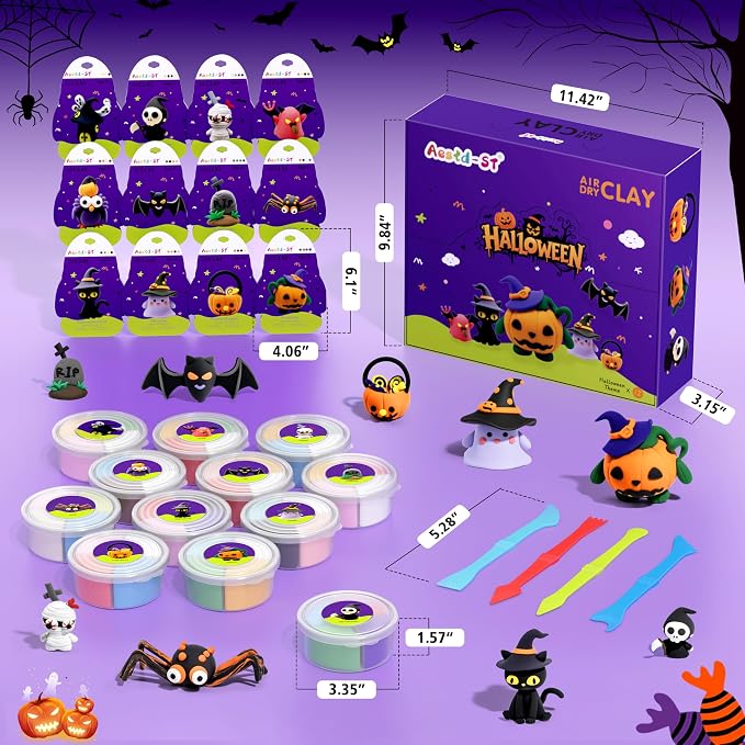 Air Dry Clay Kit - Halloween Theme, Modeling Clay for Kids, DIY Magic Clay with Sculpting Tools and Tutorials,12 Boxes Molding Clay, Ultra Light, Soft & Non-Sticky, Arts and Crafts Gift for Kids
