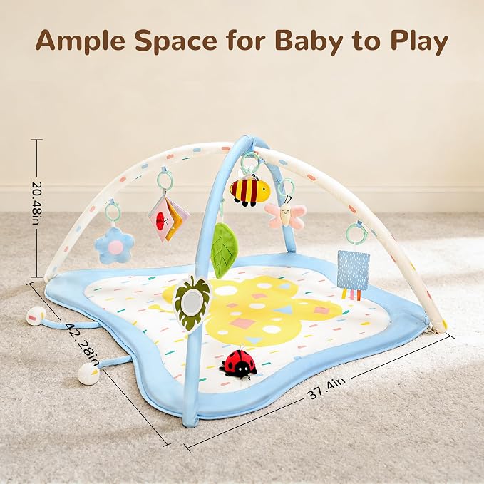 Pamo Babe Baby Play Gym & Activity Mat, Tummy Time Mat with 8 Montessori Toys, Non-slip Foldable Baby Playmat for Stage-Based Development, Machine Washable Baby Gym Play Mat for Newborn Essential Gift