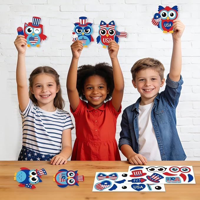 PAIVSUN 24Pcs 4th of July Crafts for Kids, DIY Owl Stickers Crafts Kit, Make Your Own Patriotic Arts Activity, Memorial Independence Day Decorations Gifts for Classroom Home Party Supplies