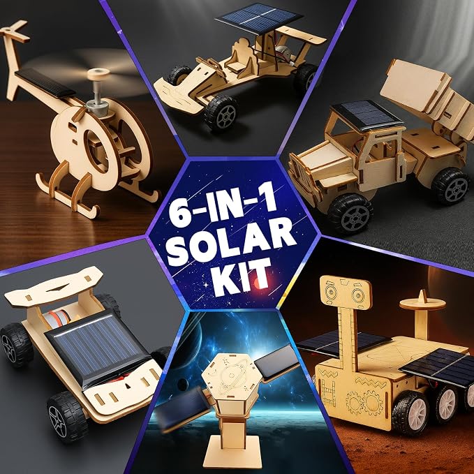 6-in-1 Solar STEM Building Kit, Wooden DIY Construction Set with Satellite, Helicopter, Cars, Educational Science Toy for Kids Ages 6-14 Years (20)