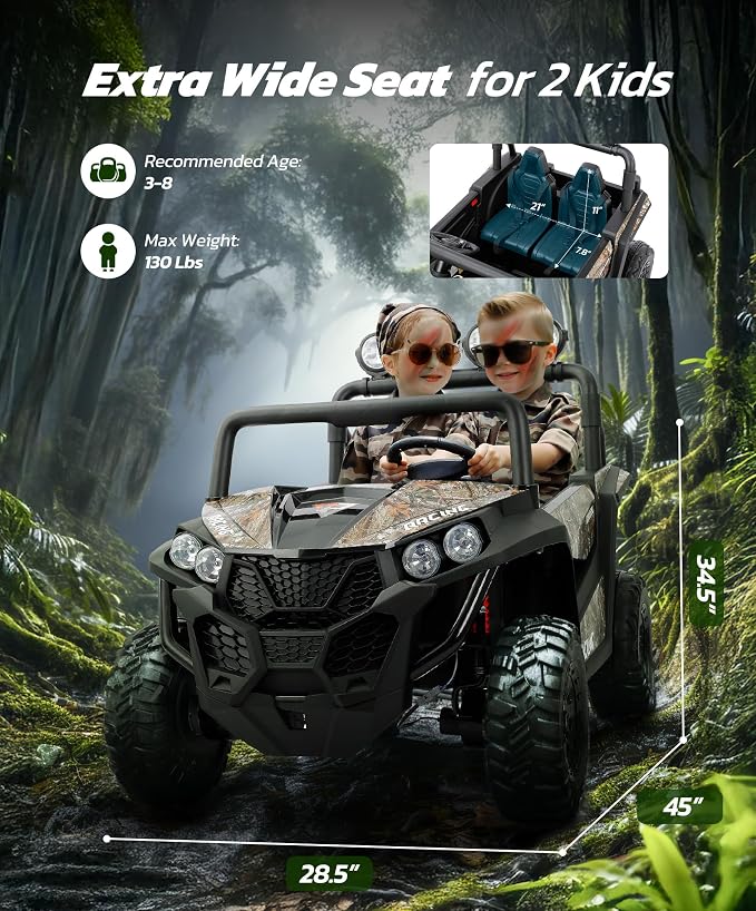 ELEMARA 2 Seater 24V Ride on Toys for Big Kids,4x4 All-Terrain Electric Vehicle,car Activities for Kids,car for Toddlers W/Parents Control,Wide Seat,Soft Start,Bluetooth,LED Light,Camouflage Black