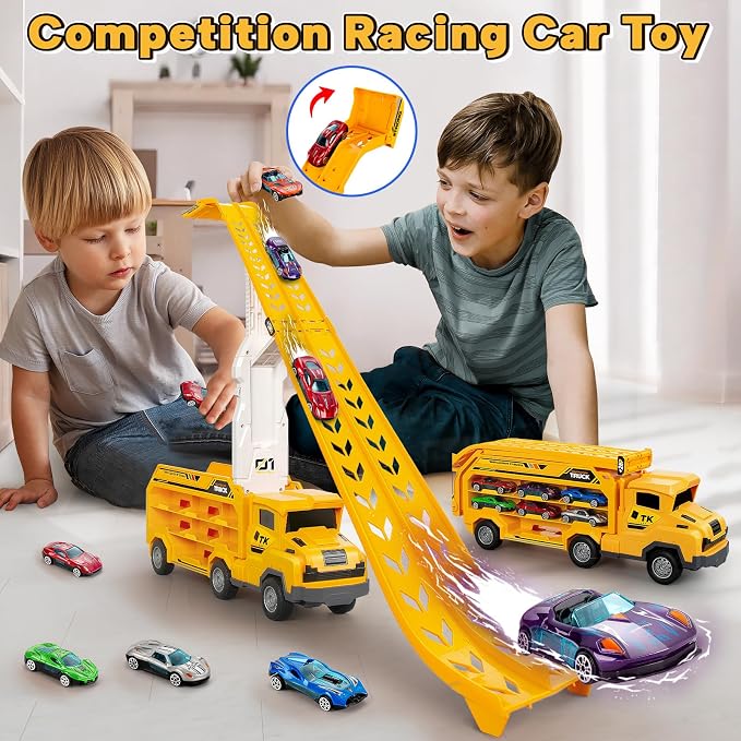 Kids Toys for 3 4 5 6 7 8 Years Old Boys, Carrier Truck Transport Car Toys, Foldable 2 Layer Car Race Track Playset with 25-in Race Track, 6 Metal Toy Cars, Birthday Toy Gift for Toddler-Yellow