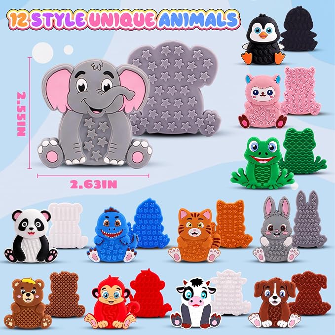 12 Pack Animal Texture Sensory Toys for Kids, Toddler Travel Toys for Airplane Car Roadtrip, Silicone Calming Autism Quiet Fidgets for Classroom, Birthday Gifts for Kids Toddlers