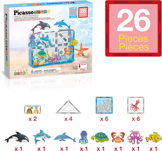 PicassoTiles Magnetic Tiles Magnet Tile Building Blocks Marine Animal World Themed Set with 8 Ocean Character Action Figures STEM Learning Toy Construction Toddlers Boys Girls Ages 3+ PTQ25