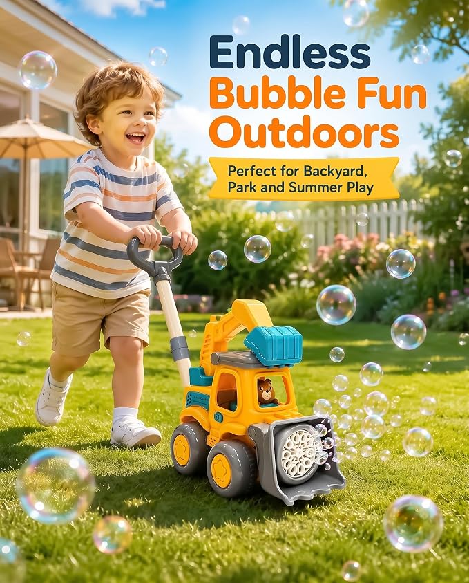 Excavator Automatic Bubble Machine for Toddler Kid Toy 3 4 5 6 7 8 Year Old Little Boy Girl Gift Lawn Mower Maker Blower Summer Outdoor Push Toys Easter Christmas Birthday Present