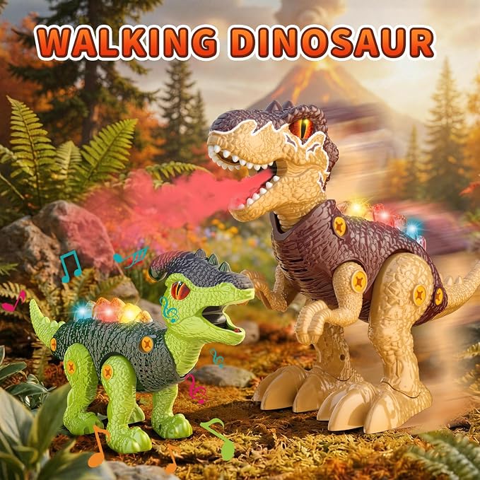 Take Apart Dinosaur Toys for Kids 3-5, Walking Dinosaurs with Spray, Lights & Electric Drill, STEM Educational Construction Building Toy, Christmas Birthday Gift for 3 4 5 6 7 8 Year Old Boys