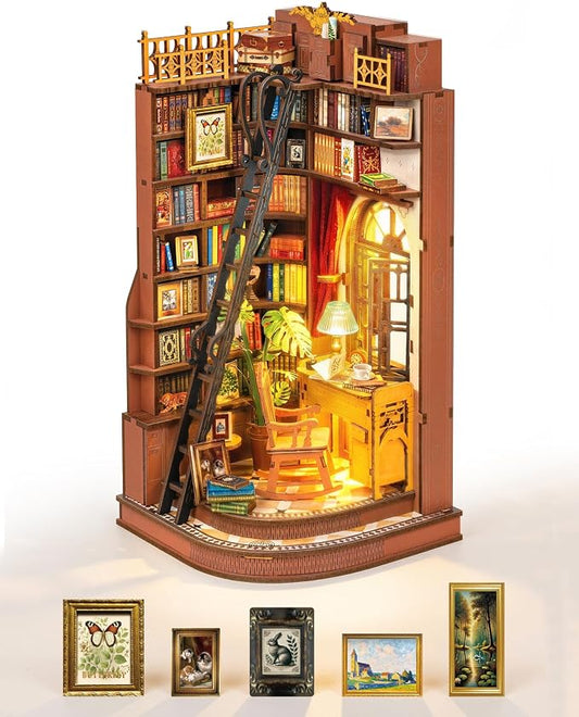ROBOTIME DIY Miniature Dollhouse Kit, Mini House Book Nook Kits Bookshelf Decor, Vintage Bookstore with Led Light, 3D Wooden Puzzle Gifts for Adults Book Lovers Family Friends (Silent Corner Study)