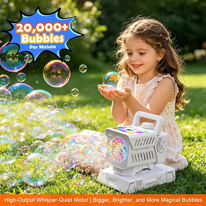 Bubble Machine for Kids, Rechargeable Bubble Blower with Remote & RGB Lights, Automatic Rotating Battery Bubble Maker for Birthday Parties, Weddings, Outdoor Activities