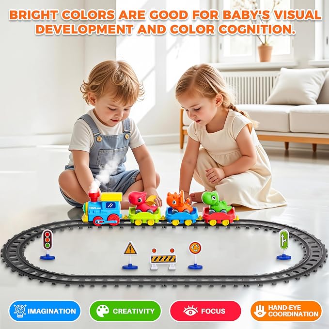 Train Set for Toddlers with Steam, Music, Lights and 3 Dinosaur Cars | Electric train fun meets dinosaur play with music, lights and a gentle steam effect.