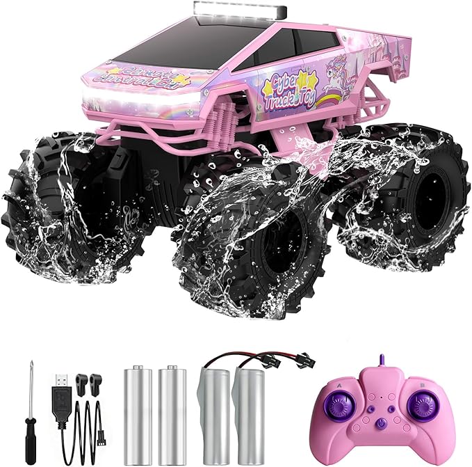 Remote Control Car, Unicorn Amphibious RC Cars for Girls Boys, 2.4GHz Waterproof Monster Truck All Terrain Off-Road Vehicle, 360° Flips RC Crawler with 2 Batteries, Toys Gifts for Age 6 7 8 9 10+