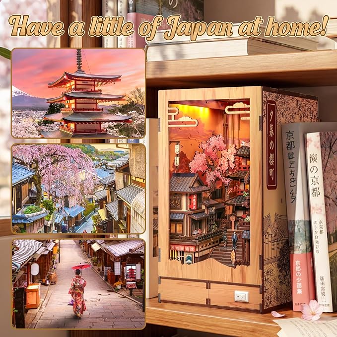 Cutefun Book Nook Kit - DIY Miniature Kyoto House Kit, 3D Wooden Puzzle 400+ Pcs Japanese Bookshelf Decor Bookend with LED, Fold-Out Cherry Blossom Alley Insert for Adults (Twilight Sakura Path)