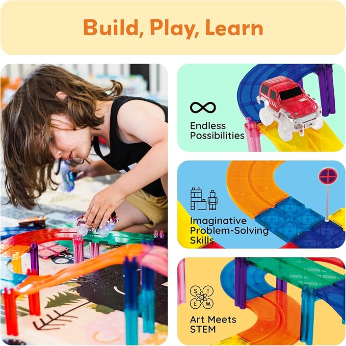 PicassoTiles 100 Pcs Race Track Magnetic Tiles Building Set LED Cars Truck Included with Adjustable Roads and Signs Multicolored STEM Toy Kit Construction Educational for Boys & Girls Ages 3+ PTR100