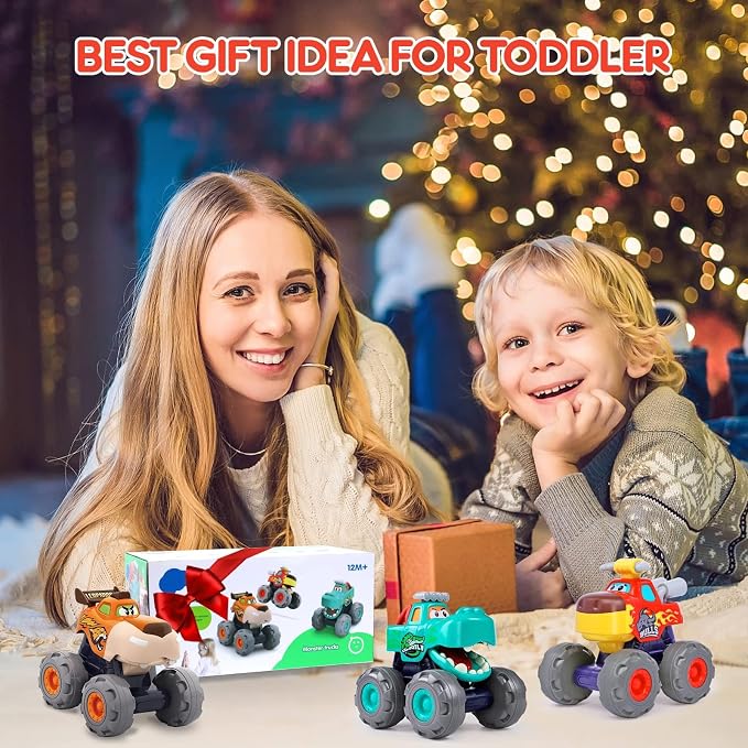 Toy Cars for 1 2 3 Year Old 3 Pack Monster Truck Toys Crocodile Bull Leopard Pull Back Car Big Wheel Animal Toy Trucks for Toddler 1-3 Baby Toys 12 18 Months Boy Girl Toddler Toy for 1 Year Old Gift