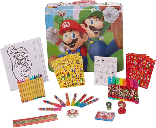 Innovative Designs Mario Brothers Super Mario Deluxe Activity Set with Carrying Tin, Coloring Sheets, Tattoos, Stickers, & Art Supplies | Super Mario Brothers Activity Kit with Mario Coloring Sheets, Stickers, Tattoos, Markers, Crayons, Gel Pens & Carr...