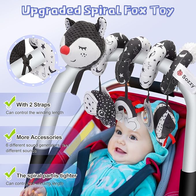 Car Seat and Stroller Toys - Black and White Car Seat Toy High Contrast Baby Toys, Baby Plush Spiral Activity Toy for Crib Mobile, Newborn Sensory Toy Best Gift for 0 3 6 9 12 Months Infants