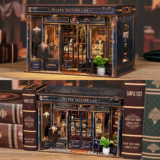 fifijoy DIY Miniature Dollhouse Kit - 3D Wooden Puzzle Book Nook Kit with LED Light, Miniature House Bookshelf Insert Decor for Adults, Creative Gift for Family and Friends (Golden Section Line)