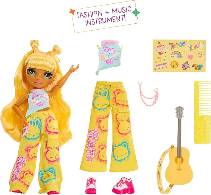 Rainbow High Jr High Rock Band - Sunny, Yellow 9” Fashion Doll with Guitar, Customize with Stickers, Posable, Great Toy Gift for Kids Ages 4+
