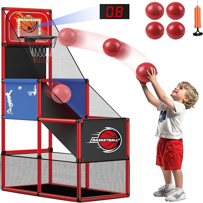 M SANMERSEN Kids Basketball Hoop Arcade Game Set with 4 Balls Electronic Scoreboard and LED Light, Indoor and Outdoor Play, Birthday/Halloween for 3-8 Year Old Boy and Girl