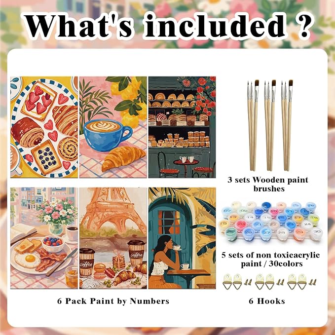 FLUXOJOY 6 Pack Painting by Number Kits for Adult, DIY Canvas Color Painting Kit for Kids or Beginner with Paint Brushes Acrylic Pigment Drawing Paintwork 20x30cm Without Frame (Coffee 6 Pack)