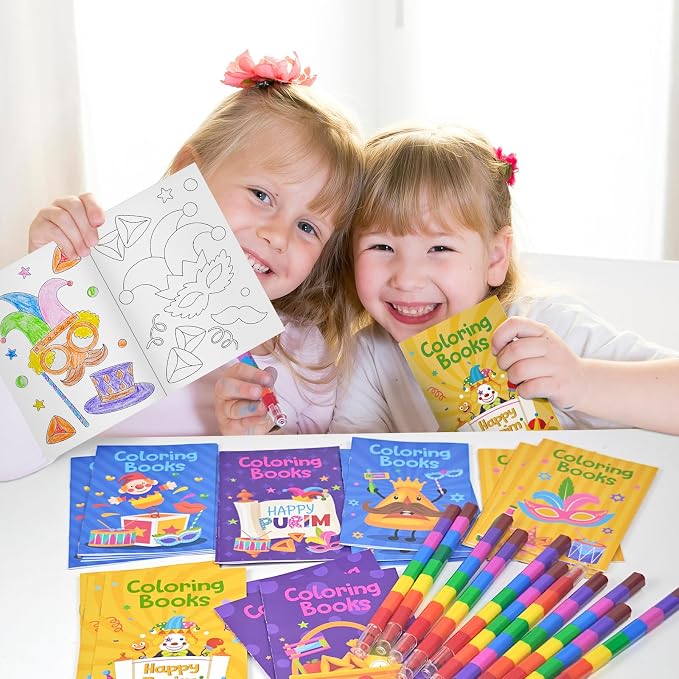 Cinrobiye 24 Set Purim Coloring Books DIY Happy Purim Mini Coloring Booklet Set with Stacking Crayons, Jewish Holiday Party Supplies, Goodie Fillers, Classroom Reward Favors