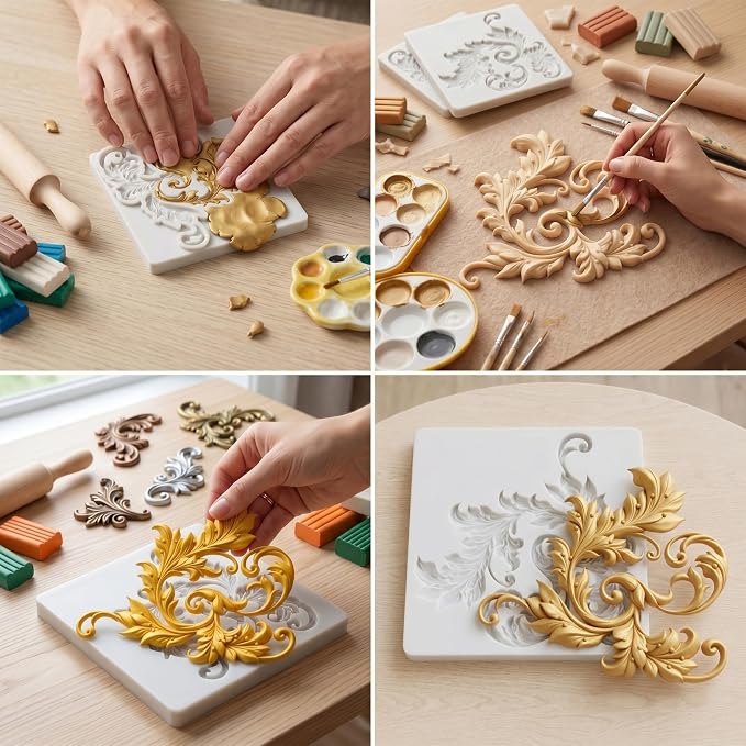 Baroque Style Curlicues Scroll Emboss Polymer Clay Molds Baroque Scroll Lace Silicone Mold for DIY Crafts Resin Casting Mold DIY Craft Air Dry Polymer Clay Tools Jewelry Making