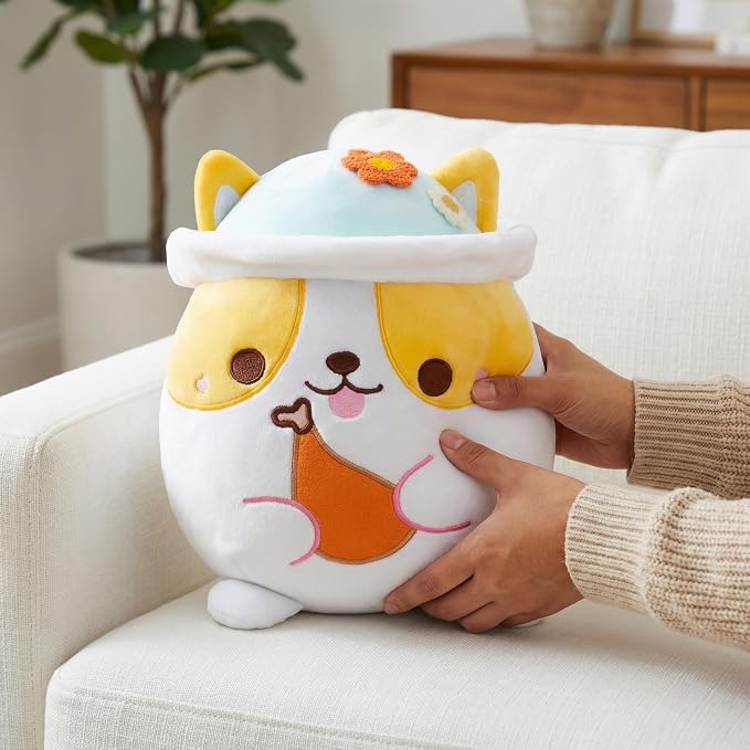 AIXINI Animal Plush Toys Set - Panda, Brown Bear, Bunny, Corgi, Pink Cat with Cute Hats, Soft Stuffed Animals for Kids, Christmas Birthday Gifts (Corgi, Medium Size)
