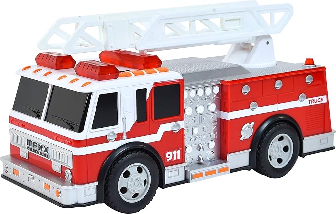 Sunny Days Entertainment Maxx Action 12’’ Large Fire Truck – Lights and Sounds Vehicle with Extendable Ladder | Motorized Drive and Soft Grip Tires | Red Firetruck Toys for Kids 3-8