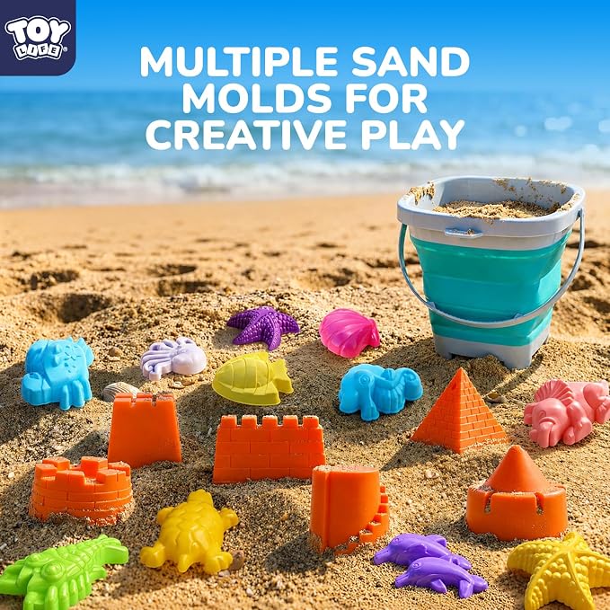 TOY Life 23 Pcs Ocean Beach Toys for Kids Ages 4-8 Collapsible Sand Toys with Watering Can, Silicone Bucket, Sand Castle Building Kit, Mesh Bag Ocean Animal Molds Travel Sandbox Toy for Summer Play