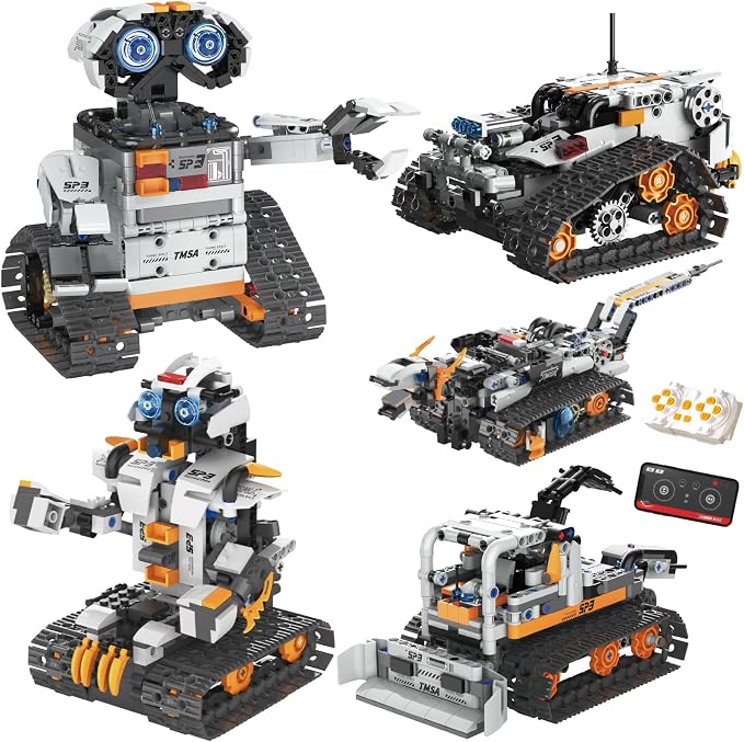 HPROMOT 5-in-1 STEM Coding Robot Building Kit, 688 Pcs APP & Remote Control Programmable Tracked Blocks, Screen Free Engineering Toy, Holiday Birthday Gift for Kids Boys Girls Ages 8–16
