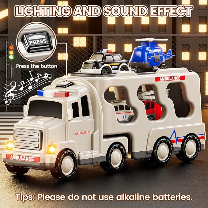 JUKUDAHU 5-in 1 Play Ambulance Toy Vehicle Toddler Truck Toys for 3 4 5 6 7 Year Old Boys - Friction Powered Cars with Light and Sound, Police Car, Fire Truck, Ambulance Car, Birthday Gifts for Kids