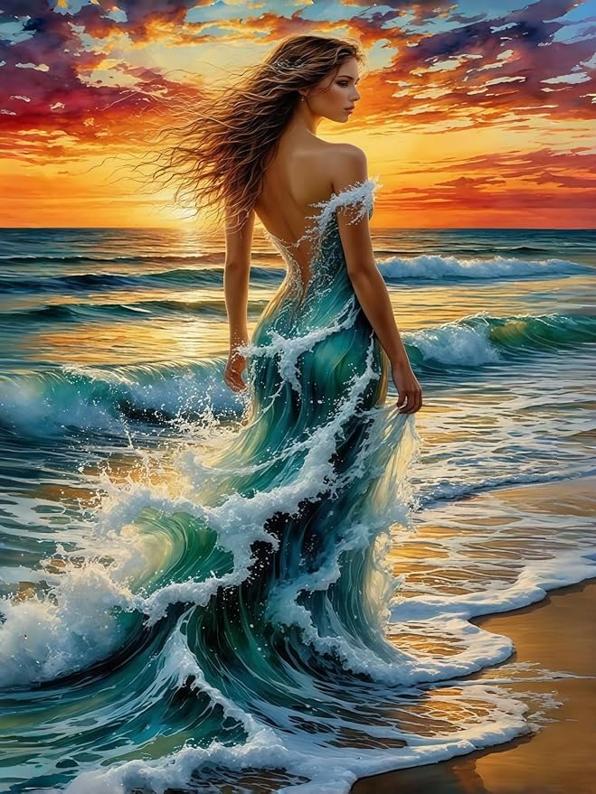 Ocean Wave Woman Diamond Painting Kit for Adults, Fantasy Beach Sunset Lady, 5D Full Round Drill Diamond Art Beginners Canvas for Home Wall Decor, DIY Paint by Diamonds Dot Gem Craft12x16 Inch