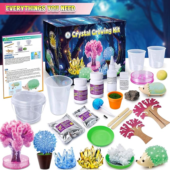 UNGLINGA Crystal Growing Kit for Kids, Chemistry Experiments Science S.T.E.M Toys Gifts Idea for Boys Girls, Crystal-Growing Tree, Hedgehog Crystal, Grow 6 Vibrant Crystals Making Kit