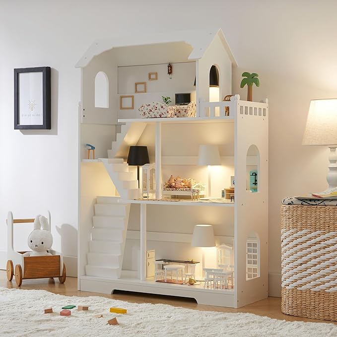 Wooden Dollhouse Bookshelf - Toddler Doll House Bookcase, Extra Space Kids Toy Storage Book Shelf, 3-Tier Children Dollhouse, Pretend Play Toy House (Modern Flat Roof)