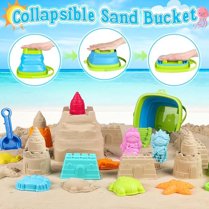 Collapsible Beach Toys for Kids Toddlers, Foldable Sand Bucket and Shovels Set with Mesh Bag & Sand Castle Building Kit, Travel Sand Toys for Beach Essentials, Sandbox Toys for Baby Kids Age 3-10