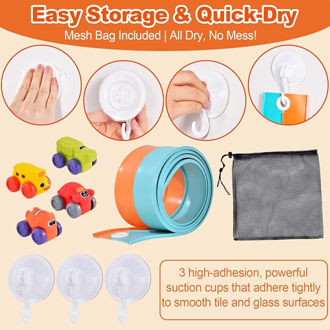 5 Ft Race Car Bath Toy Set, Toddler Bath Toys, Race car Set for Kids Ages 3+, Bathtub Time Birthday Gift for Boys & Girls, Including Mesh Storage Bag and 3 Suction Cup (Orange)