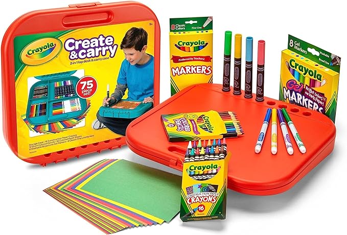 Crayola Create 'N Carry Travel Art Set for Kids (75pcs), 2-in-1 Lap Desk & Carrying Case, Holiday & Christmas Gifts for Kids, Art Supplies Kit for Crafting, Drawing & Coloring, Pack of 4